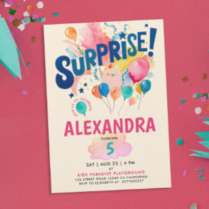 Fun Girly Colorful Surprise Baloon Bday Watercolor Invitation