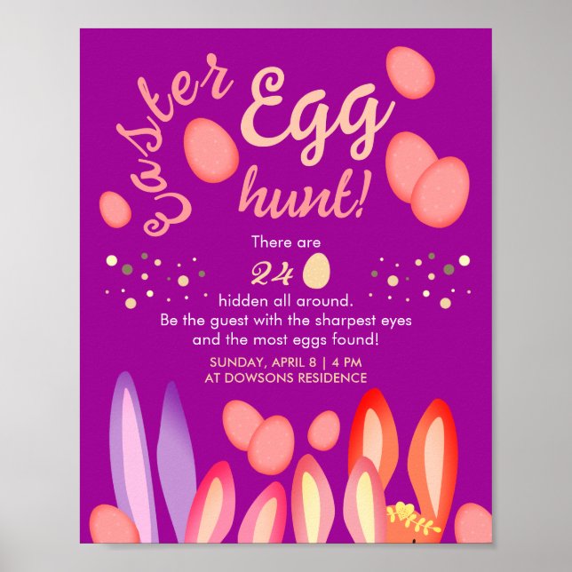 Fun Girly Easter Egg Hunt Bunny Ears Pink Party   Poster (Front)