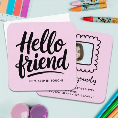 Fun Girly Pastel Pink Friend Playdate Photo Script Square Business Card