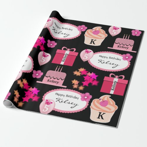 Fun  Girly Personalized Name  Age Birthday Wrapping Paper