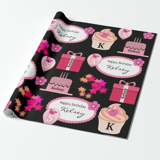 Fun & Girly Personalized Name & Age Birthday Wrapping Paper
