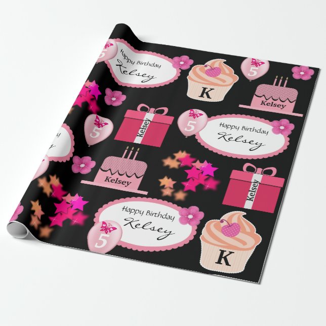Fun & Girly Personalized Name & Age Birthday Wrapping Paper (Unrolled)