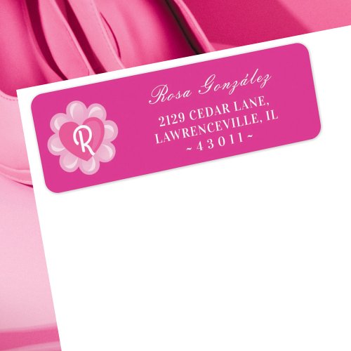 Fun Girly Pink Flower  Heart Monogram Label