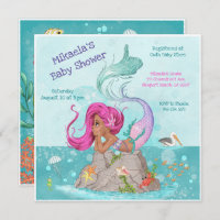 Fun Girly Pink Hair Dark Skin Mermaid Baby Shower Invitation