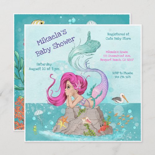 Fun Girly Pink Hair Mermaid Baby Shower Invitation