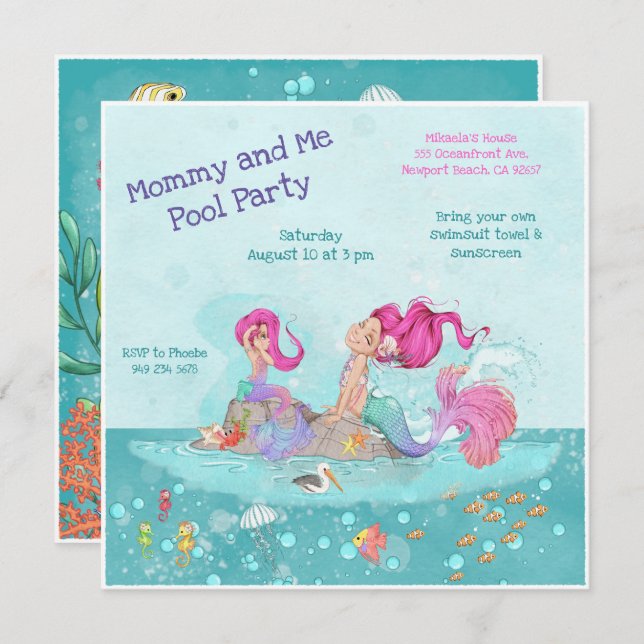 Fun Girly Pink Hair Mermaid Mommy & Me Pool Party Invitation (Front/Back)