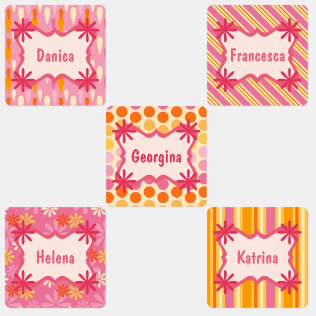 Fun girly pink orange yellow stripes personalized kids' labels (Group)