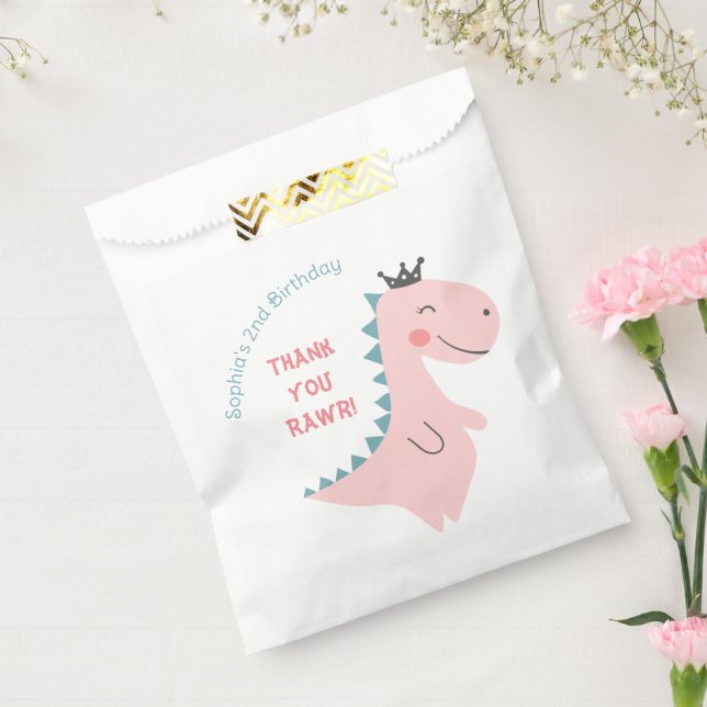 Fun Girly Pink Teal Dinosaur Birthday Party Favor Bag (Sealed)