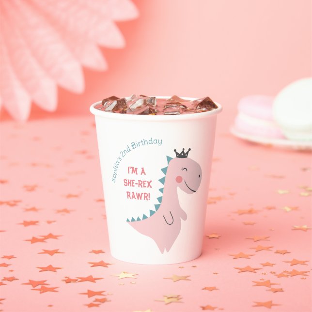 Fun Girly Pink Teal Dinosaur Birthday Party Paper Cups (Insitu)