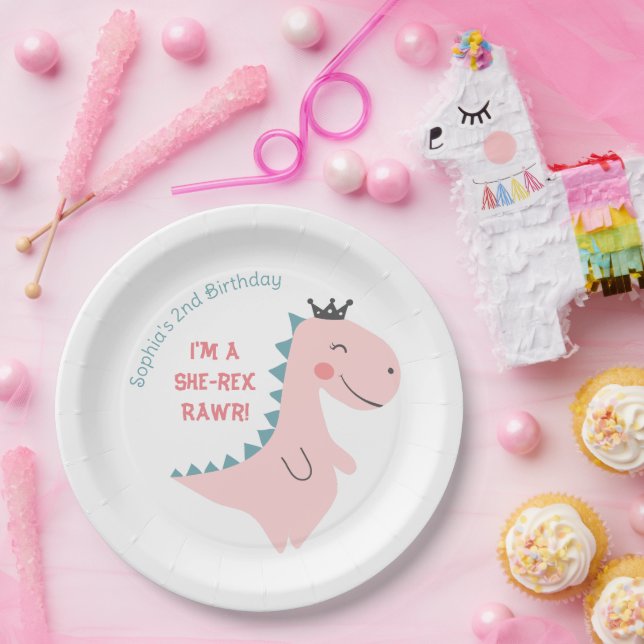 Fun Girly Pink Teal Dinosaur Birthday Party Paper Plates (Party)