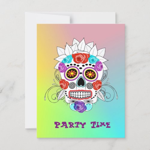 Fun Girly Sugar Skull and Roses Party Time Invitation