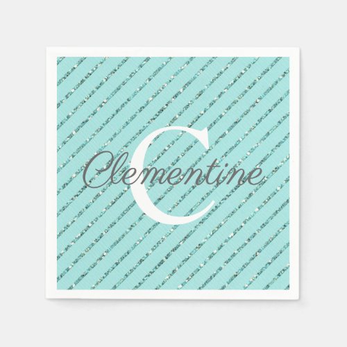 Fun Girly Teal Blue Glitter Stripes Monogram Napkins