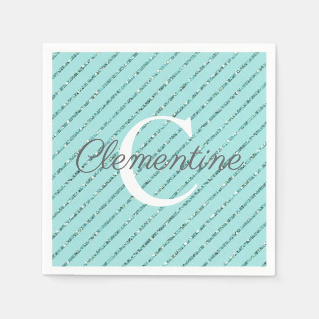 Fun Girly Teal Blue Glitter Stripes Monogram Napkins (Front)