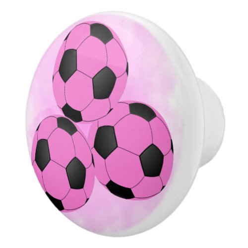 Fun Girly Three Bright Pink Black Soccer Balls Ceramic Knob