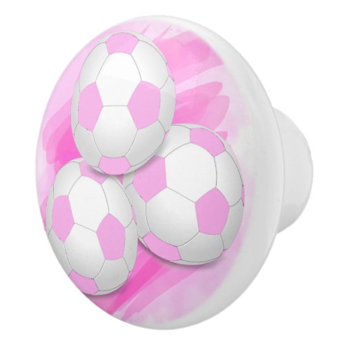 Fun Girly Three Pastel Pink White Soccer Balls Ceramic Knob