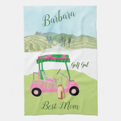 Fun Glam Golf Cart Scenic Best Mom Name   Kitchen Towel