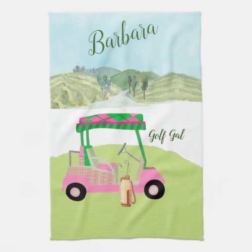 Fun Glam Golf Cart Scenic Personalized Name  Kitchen Towel