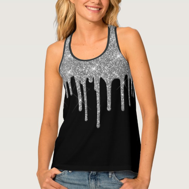 Fun Glam Silver Glitter Drips Sparkle Tank Top (Front)