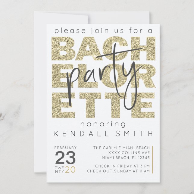 Fun Glamorous Gold Sparkle Bachelorette Invitation (Front)