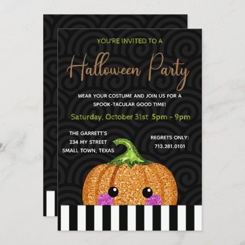 Fun Glitter Pumpkin Black Orange Halloween Invitation