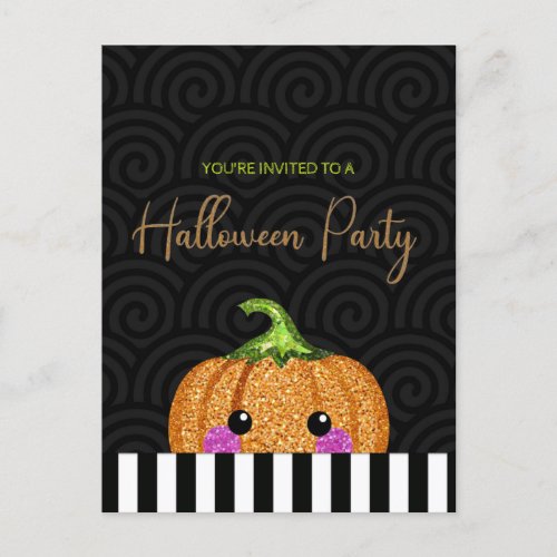 Fun Glitter Pumpkin Halloween Party Invitation Postcard