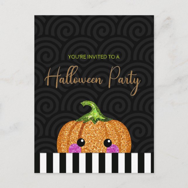 Fun Glitter Pumpkin Halloween Party Invitation Postcard (Front)