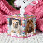 Fun Glitter Stripe Pattern Dog Photo Collage Cube Ornament<br><div class="desc">Design features bright cheery colors with neon pinks,  bright teals,  and a fun faux glitter stripe frame.  Customize with 4 of your favorite pet photo memories and name place on a dog bone shape.</div>