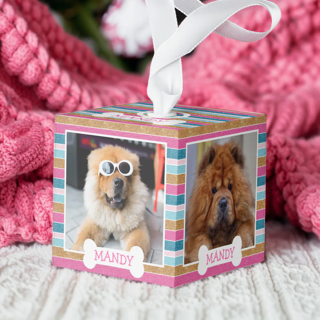Personalized cube ornament featuring dog photo collage on glitter striped background.