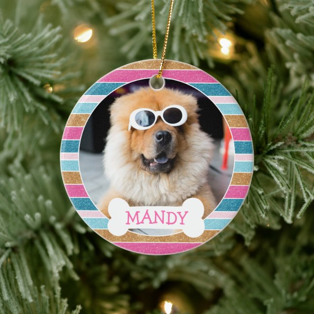 Fun Glitter Stripe Your Dog Photo 1st Christmas  Ceramic Ornament (Tree)