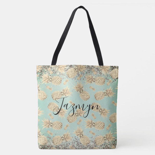 Fun Glittery Golden Pineapples Tote Bag (Front)