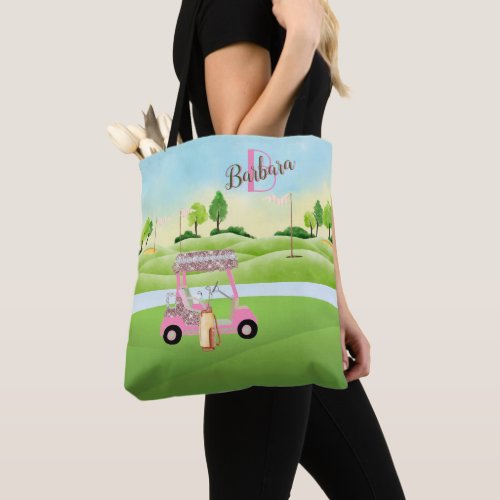 Fun Glitzy Golf Cart Initial Name  Tote Bag