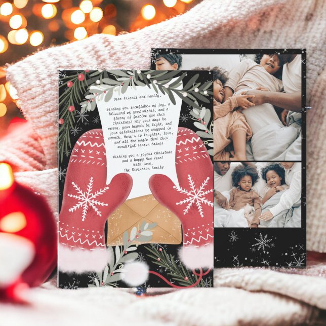 Fun gloves illustration  Christmas family 3 photos Holiday Card (Fun gloves illustration Christmas family 3 photos Holiday Card)