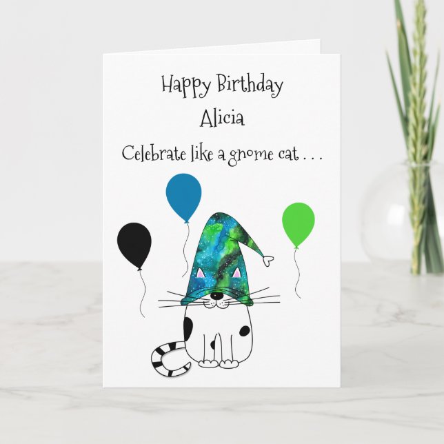 Fun Gnome Cat and Balloons Birthday Greeting Card (Front)