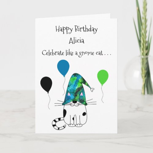 Fun Gnome Cat and Balloons Birthday Greeting Card