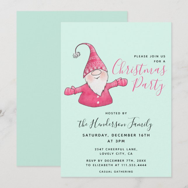 Fun Gnome Custom Mint Green and Pink Christmas Invitation (Front/Back)