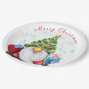 Fun Gnome with Christmas Tree Hat and Gift For You Paper Plates