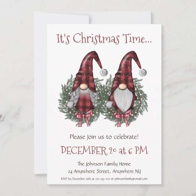 Fun Gnomes with Red Green Wreath Christmas Party  Invitation (Front)