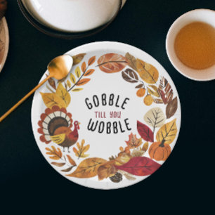 Fun Gobble Till You Wobble Thanksgiving Watercolor Paper Plates