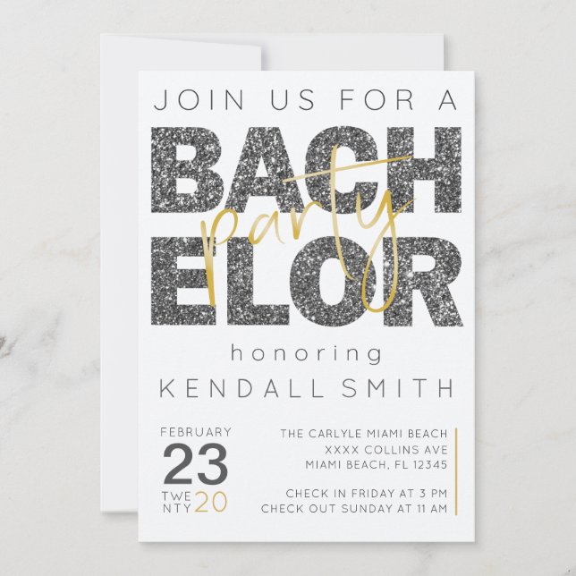 Fun Gold and Black Sparkle Bachelor Party Invitation (Front)