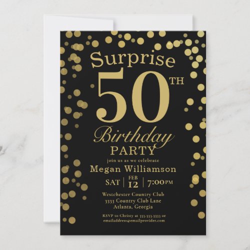 Fun Gold Black Confetti Surprise 50th Birthday Invitation
