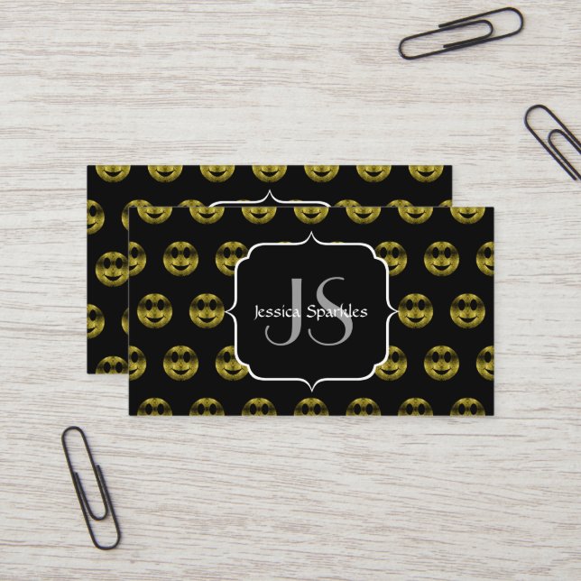 Fun gold black smileys polka dots pattern Monogram Business Card (Front/Back In Situ)