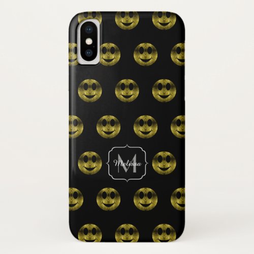 Fun gold black smileys polka dots pattern Monogram iPhone X Case