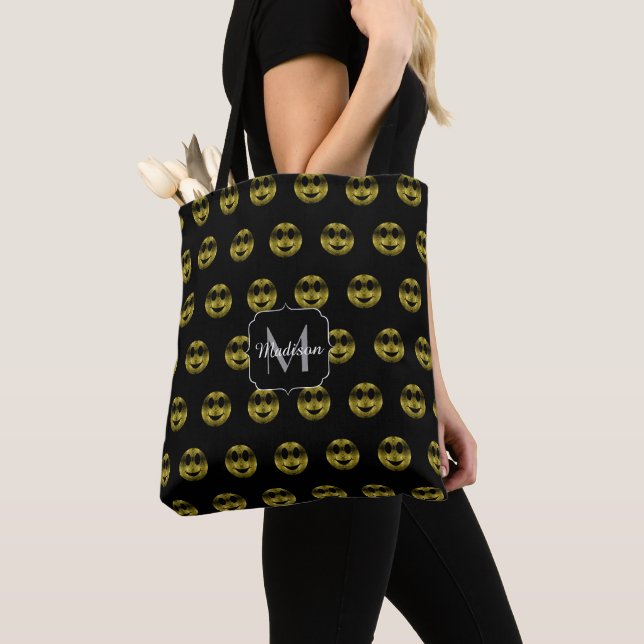 Fun gold black smileys polka dots pattern Monogram Tote Bag (Close Up)