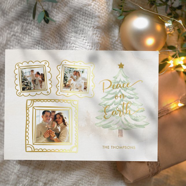 Fun Gold Doodle Frame Peace on Earth 3-Photo Foil Holiday Card (Creator Uploaded)