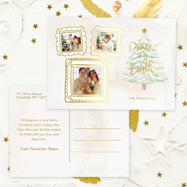 Fun Gold Doodle Frame Peace on Earth 3-Photo Foil Holiday Postcard (Creator Uploaded)