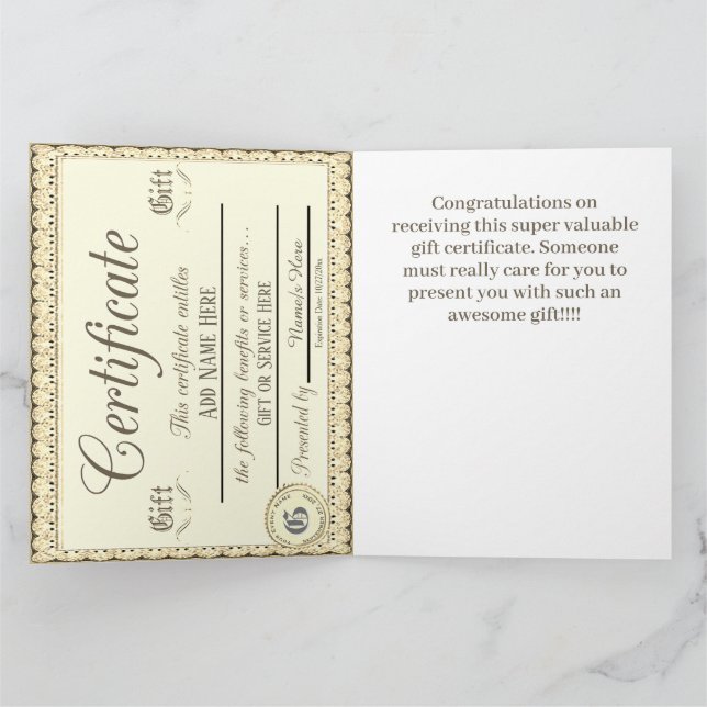 Fun Gold Gift Certificate  Card (Inside)