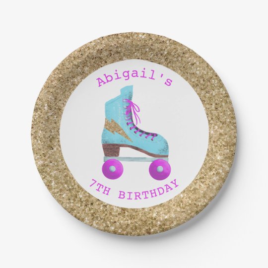 Fun Gold Glitter Roller Skating Birthday Party Paper Plate