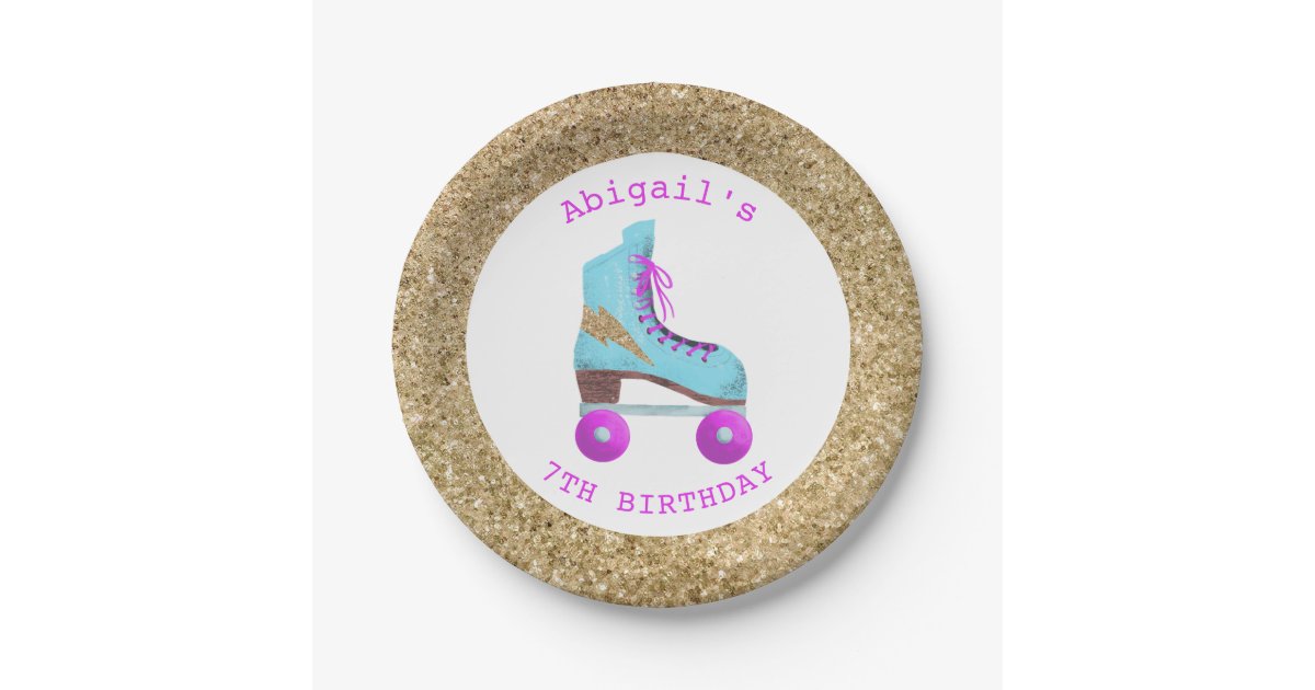 Fun Gold Glitter Roller Skating Birthday Party Paper Plate Zazzle Com
