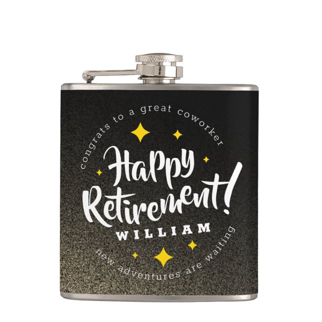 Fun Gold Glitter Stars Retirement New Adventures Flask (Front)