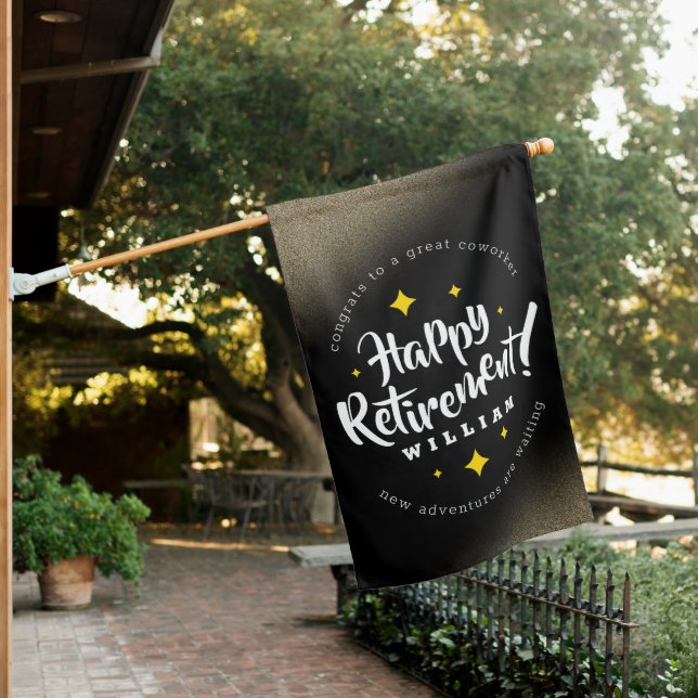 Fun Gold Glitter Stars Retirement New Adventures House Flag (In SItu)